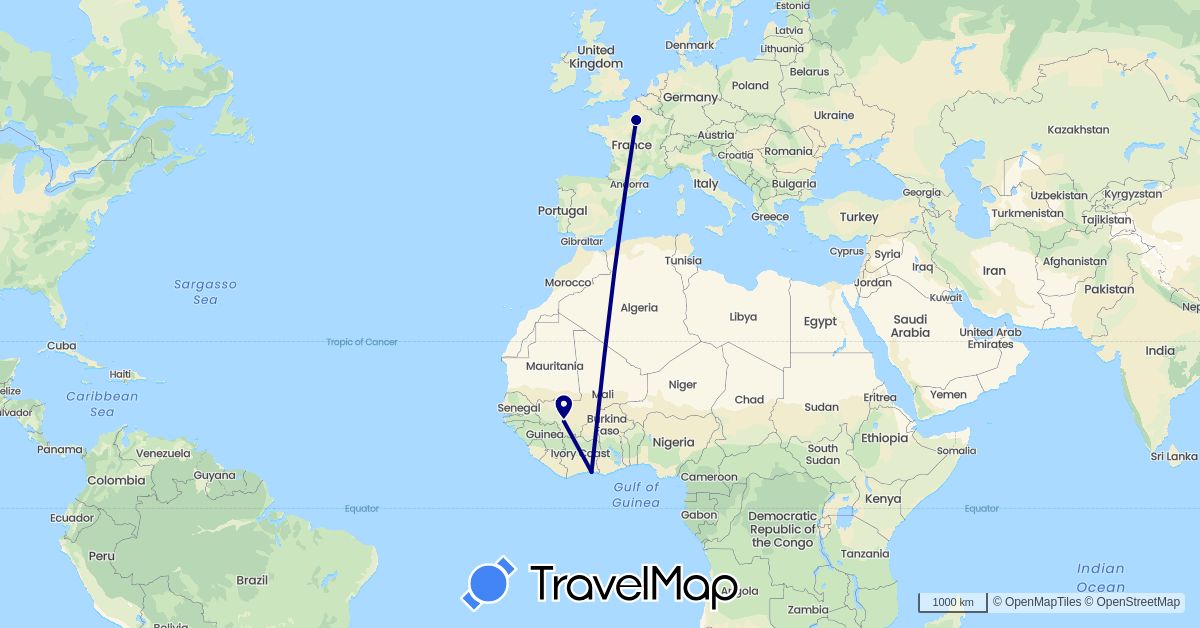 TravelMap itinerary: driving in Côte d'Ivoire, France, Mali (Africa, Europe)
